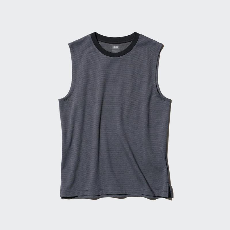 Uniqlo AIRism Cotton Sleeveless (Stripe) Men T-Shirt Dark Grey  US |  QOLI-62817