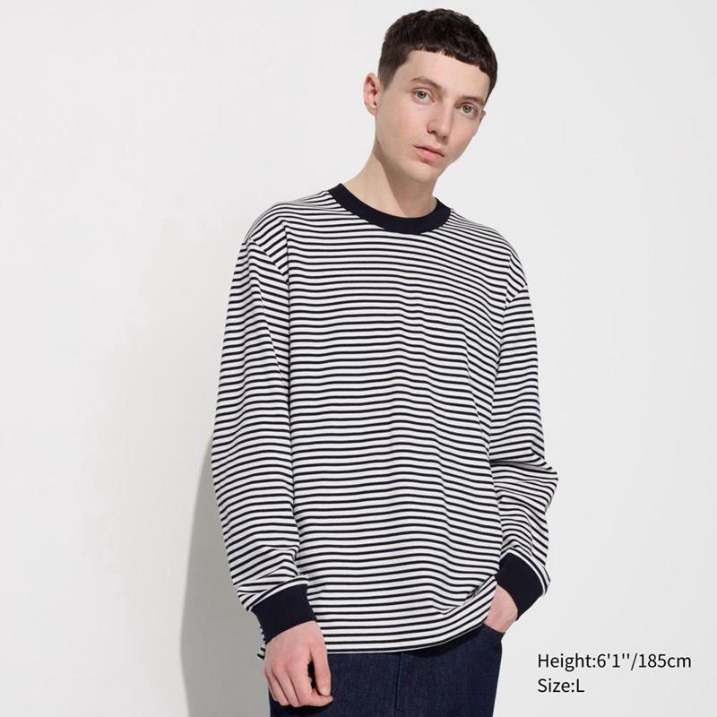 Uniqlo AIRism Cotton (Stripe, Long Sleeve) Men T-Shirt White  US |  IBPS-48103