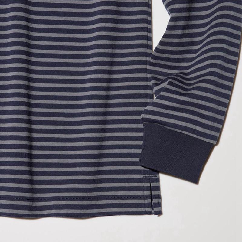 Uniqlo AIRism Cotton (Stripe, Long Sleeve) Men T-Shirt Navy  US |  XZRT-15680