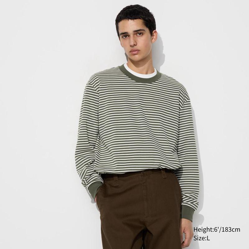 Uniqlo AIRism Cotton (Stripe, Long Sleeve) Men T-Shirt Olive  US |  OTXF-32698