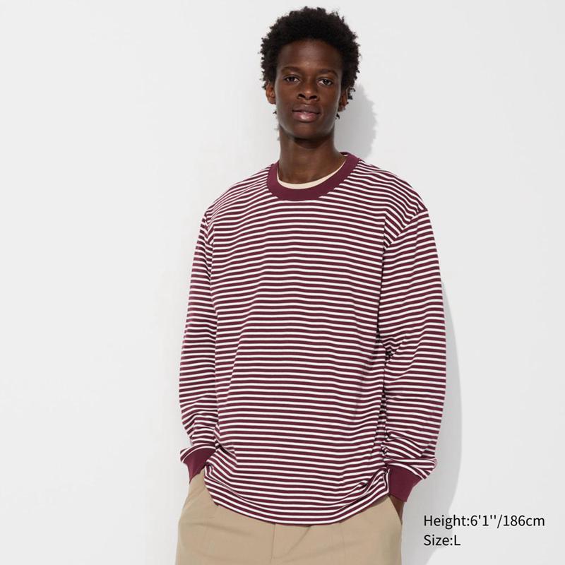 Uniqlo AIRism Cotton (Stripe, Long Sleeve) Men T-Shirt Wine  US |  DAQN-27863