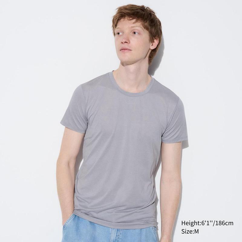 Uniqlo AIRism Crew Neck (Heather) Men T-Shirt Light Grey  US |  QRKE-87531