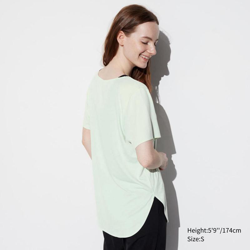 Uniqlo AIRism Seamless V Neck Longline Women T-Shirts Light Green  US |  QYLE-82970