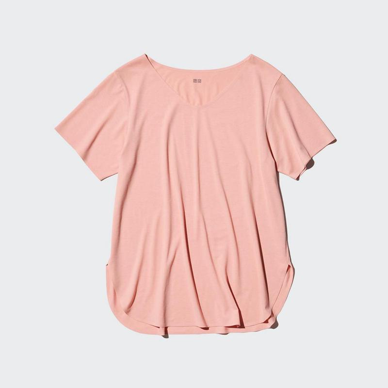 Uniqlo AIRism Seamless V Neck Longline Women T-Shirts Pink  US |  GAMX-61579