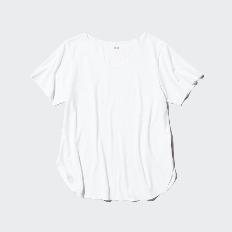 Uniqlo AIRism Seamless V Neck Longline Women T-Shirts White  US |  MIOS-09378