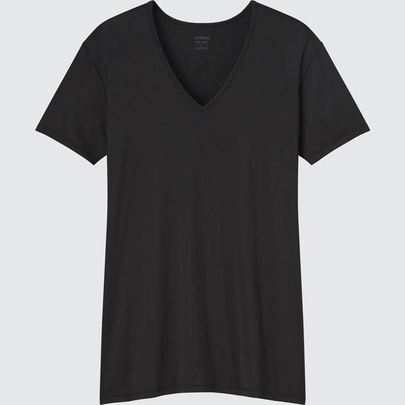 Uniqlo AIRism V Neck Men T-Shirt Black  US |  EZHW-19405