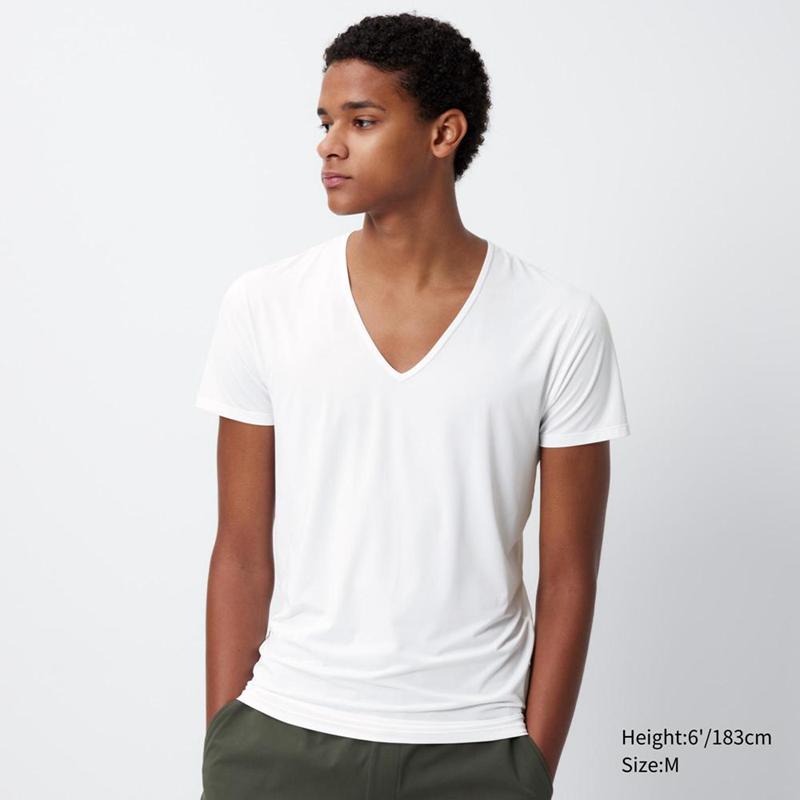 Uniqlo AIRism V Neck Men T-Shirt White  US |  FBTP-42196