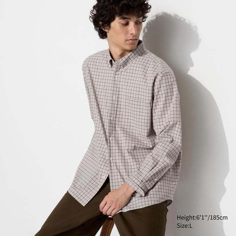 Uniqlo Broadcloth (Button-Down Collar, Check) Men Shirts Beige  US |  KUQS-48362