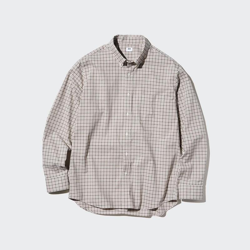 Uniqlo Broadcloth (Button-Down Collar, Check) Men Shirts Beige  US |  KUQS-48362