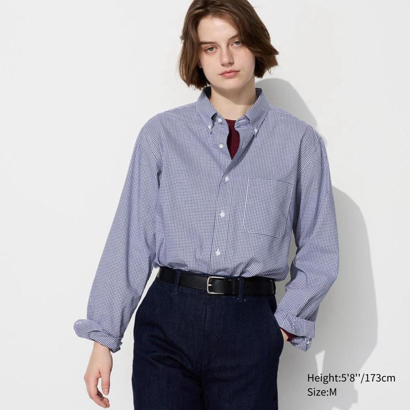 Uniqlo Broadcloth (Button-Down Collar, Check) Men Shirts Blue  US |  PBEV-74581