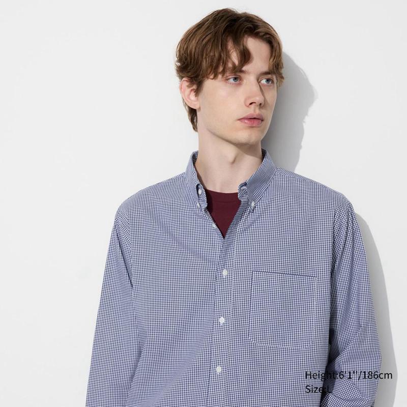 Uniqlo Broadcloth (Button-Down Collar, Check) Men Shirts Blue  US |  PBEV-74581