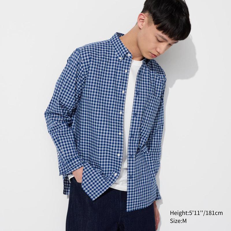 Uniqlo Broadcloth (Button-Down Collar, Check) Men Shirts Blue  US |  BWED-46751