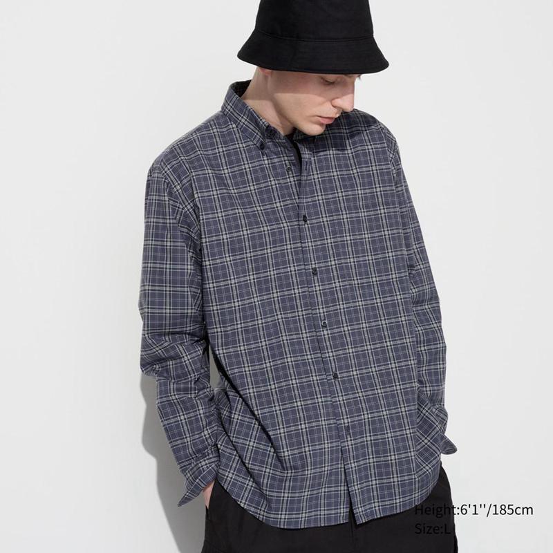 Uniqlo Broadcloth (Button-Down Collar, Check) Men Shirts Dark Grey  US |  ZSVA-59681