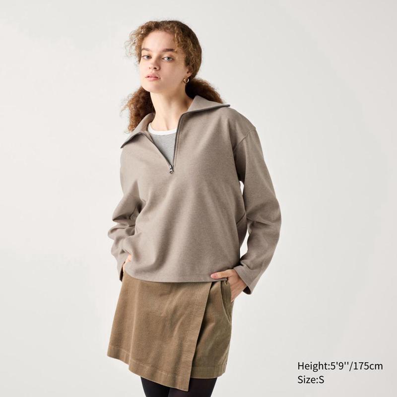 Uniqlo Brushed Jersey Half-Zip Women Sweatshirts Beige  US |  NIKB-40817