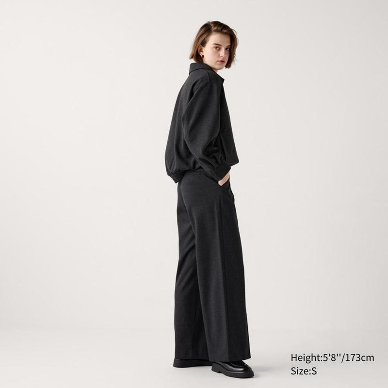 Uniqlo Brushed Jersey Wide (Long) Women Trousers Dark Grey  US |  FMYW-26417