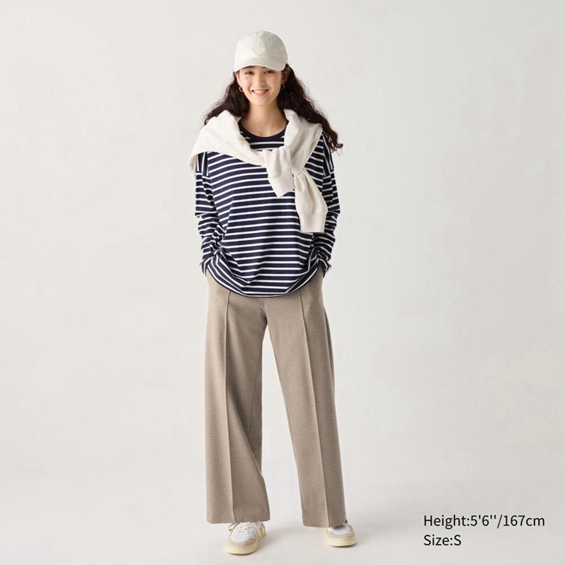 Uniqlo Brushed Jersey Wide Women Trousers Beige  US |  AMQB-13495