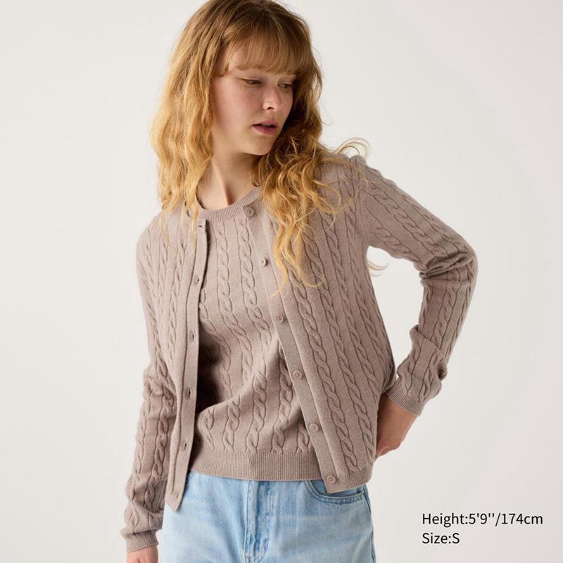 Uniqlo Cable Crew Neck Women Cardigans Beige  US |  UDTP-26140