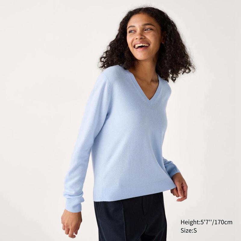 Uniqlo Cashmere V Neck Women Jumper Blue  US |  ORYH-91583