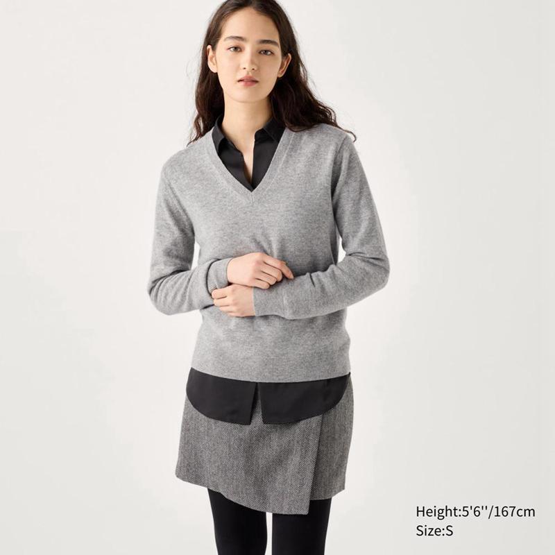 Uniqlo Cashmere V Neck Women Jumper Grey  US |  QZMH-42635