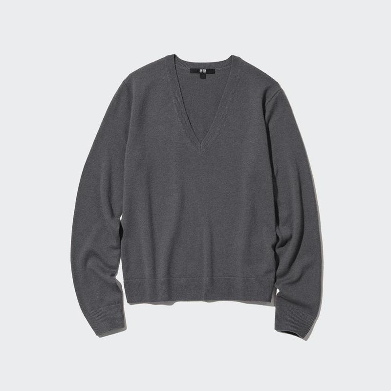 Uniqlo Cashmere V Neck Women Jumper Grey  US |  VWPD-91632