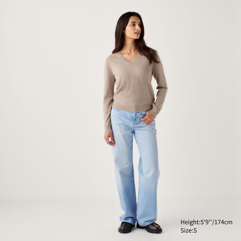 Uniqlo Cashmere V Neck Women Jumper Off White  US |  RUZS-79231