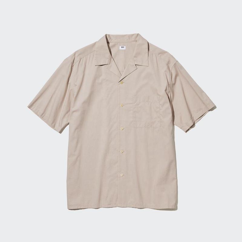 Uniqlo Casual (Short Sleeve, Open Collar) Men Shirts Beige  US |  LSCN-04316