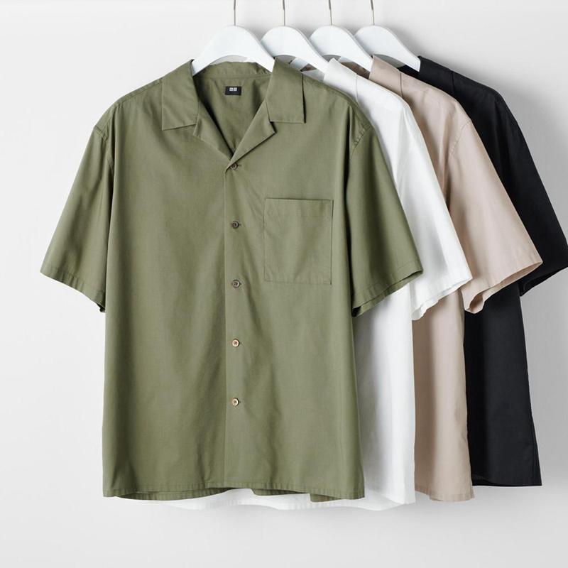 Uniqlo Casual (Short Sleeve, Open Collar) Men Shirts Olive  US |  FOHA-53716