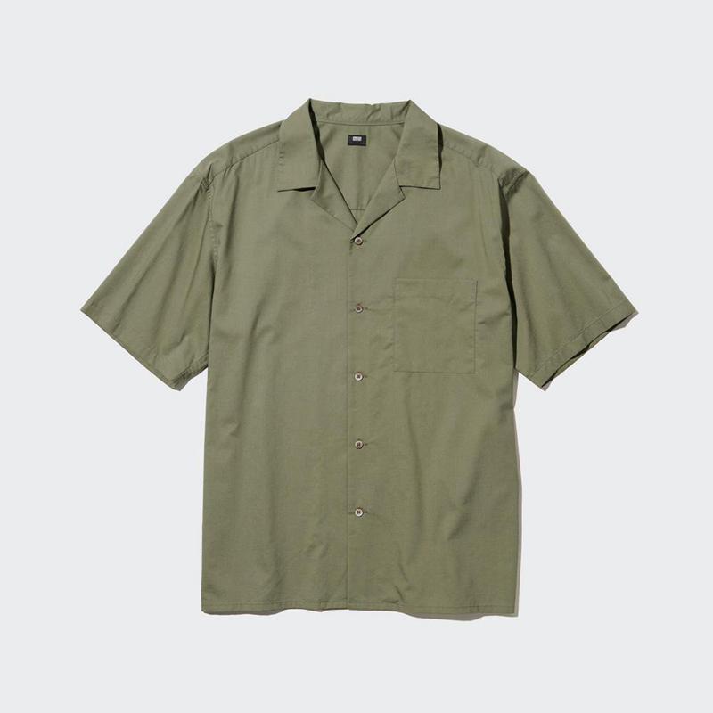 Uniqlo Casual (Short Sleeve, Open Collar) Men Shirts Olive  US |  FOHA-53716