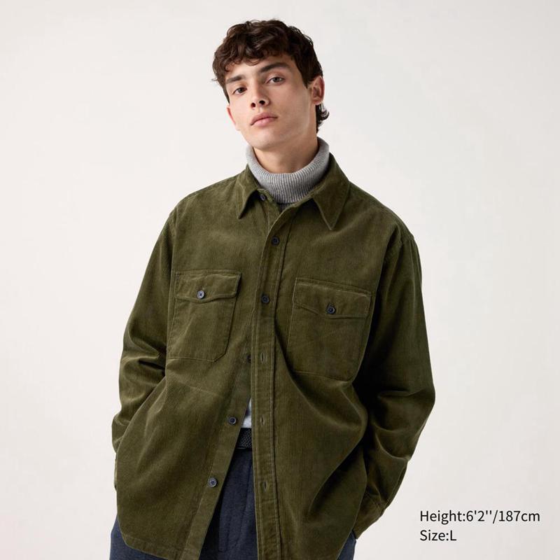 Uniqlo Corduroy (Pocket) Men Overshirts Olive  US |  KZPC-18962