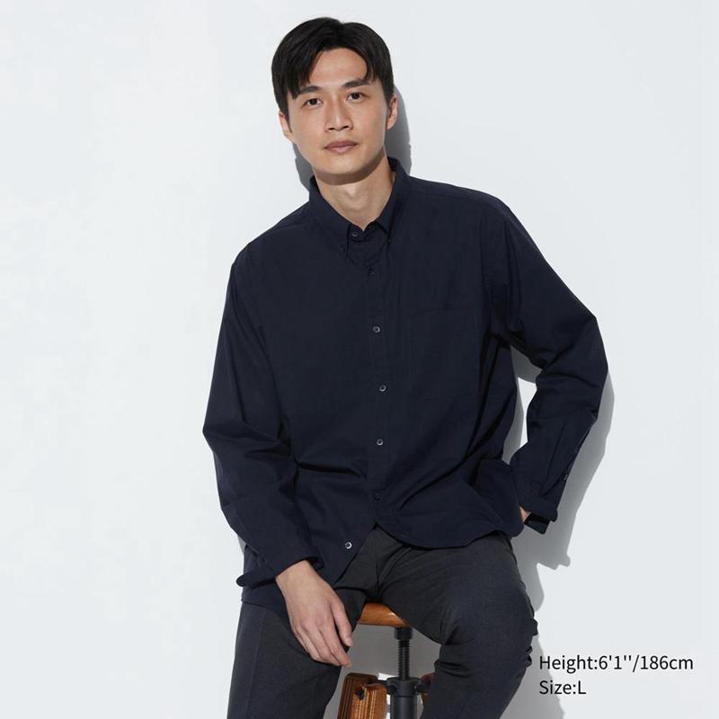 Uniqlo Cotton Broadcloth (Button-Down Collar) Men Shirts Navy  US |  HJQO-75639