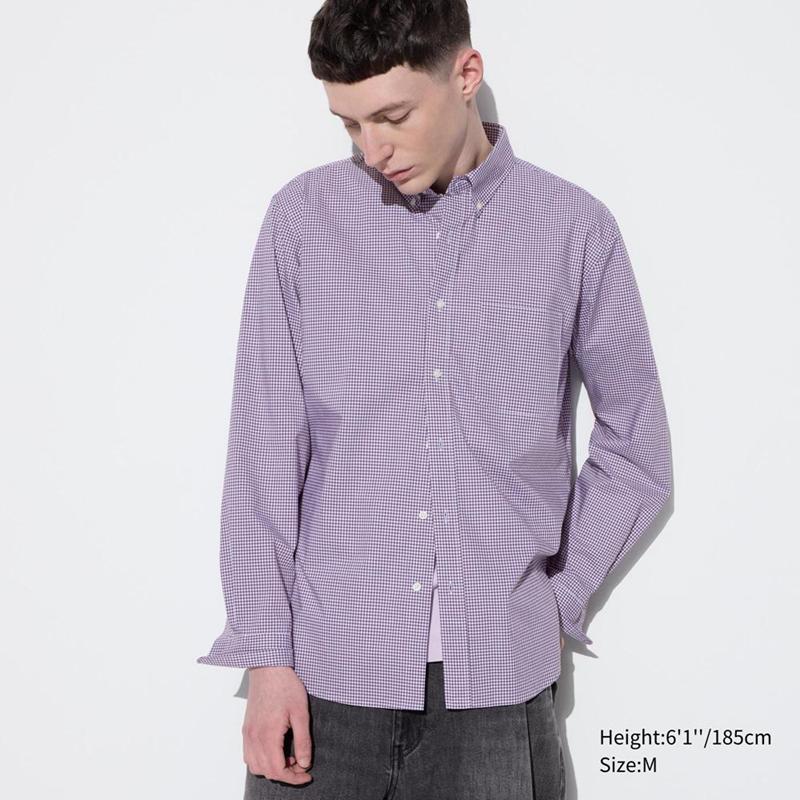 Uniqlo Cotton Broadcloth (Check, Button-Down Collar) Men Shirts Blue  US |  GOYF-61834