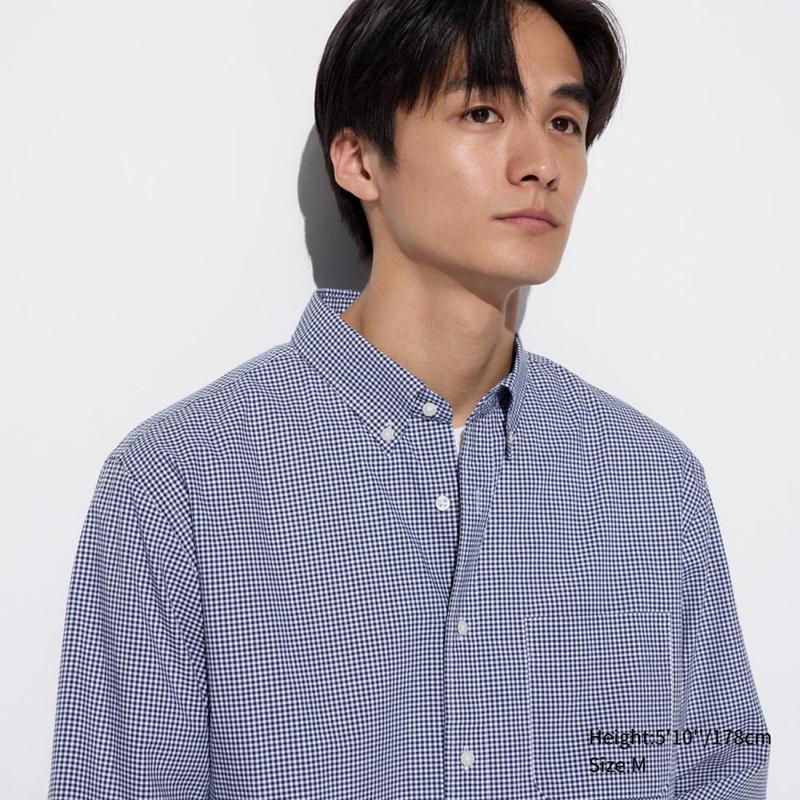 Uniqlo Cotton Broadcloth (Check, Button-Down Collar) Men Shirts Blue  US |  GOYF-61834