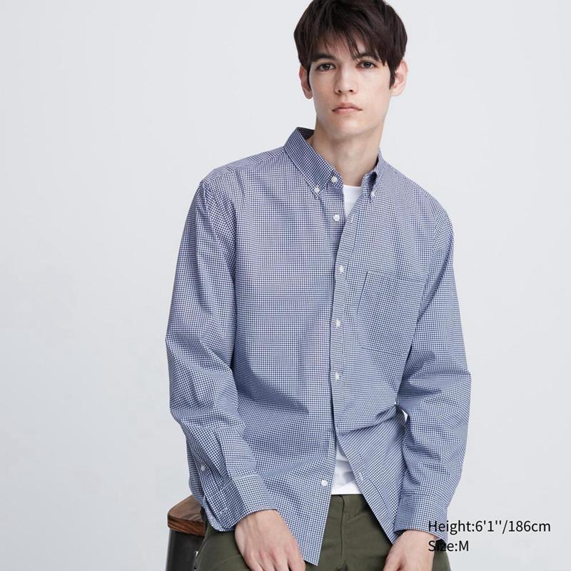 Uniqlo Cotton Broadcloth (Check, Button-Down Collar) Men Shirts Blue  US |  DGTB-76435