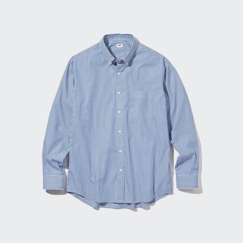 Uniqlo Cotton Broadcloth (Stripe, Button-Down Collar) Men Shirts Blue  US |  IZAH-78394