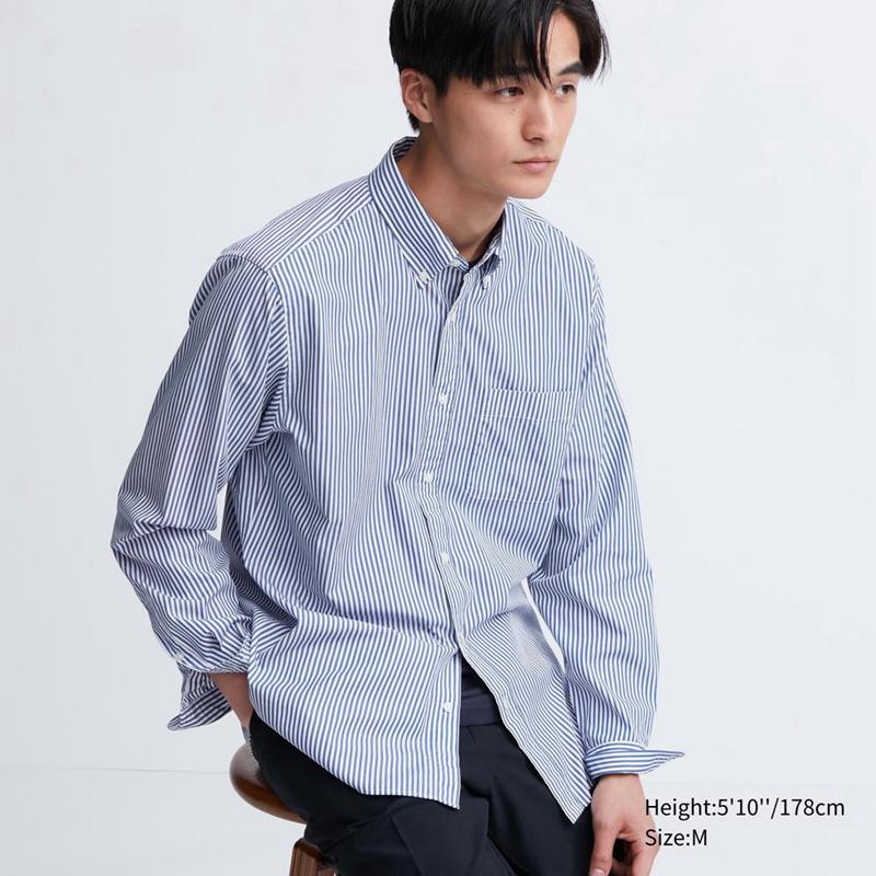 Uniqlo Cotton Broadcloth (Stripe, Button-Down Collar) Men Shirts Blue  US |  KJSI-35269