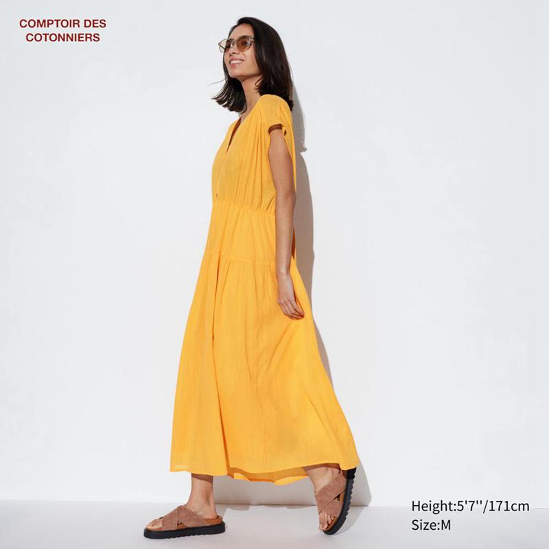 Uniqlo Cotton Crinkle Sheer Long (Short Sleeve) Women Dress Yellow  US |  AYJZ-47609