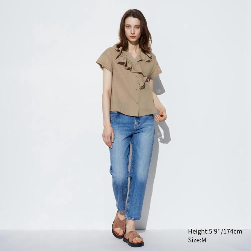 Uniqlo Cotton Crinkle Sheer Short Sleeved Women Short Sleeve Shirts Khaki  US |  KQWX-98263