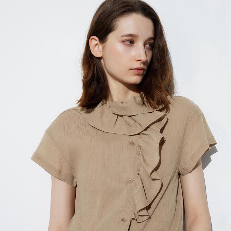 Uniqlo Cotton Crinkle Sheer Short Sleeved Women Short Sleeve Shirts Khaki  US |  KQWX-98263