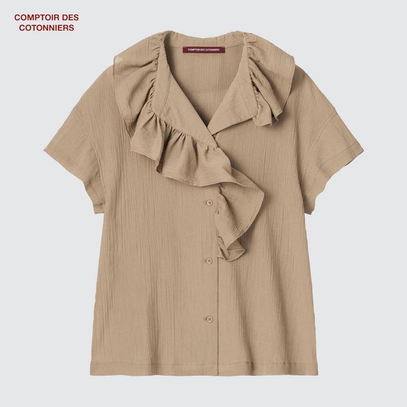 Uniqlo Cotton Crinkle Sheer Short Sleeved Women Short Sleeve Shirts Khaki  US |  KQWX-98263