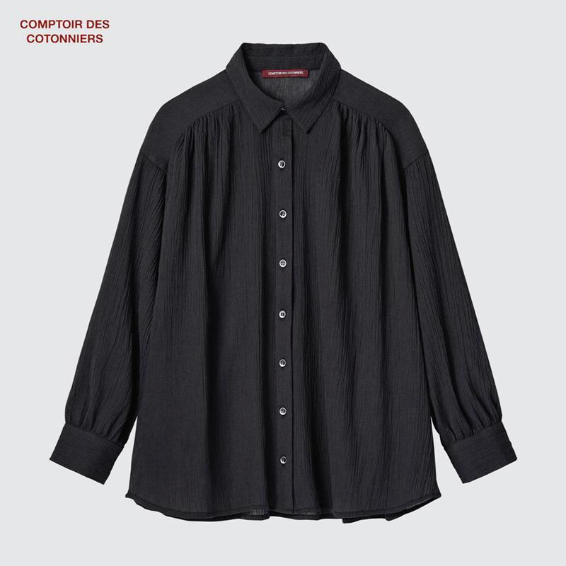 Uniqlo Cotton Crinkle Sheer Women Long Sleeved Shirt Black  US |  JPAE-84219