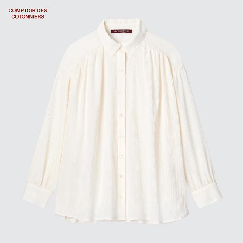 Uniqlo Cotton Crinkle Sheer Women Long Sleeved Shirt Natural  US |  AFXR-67031