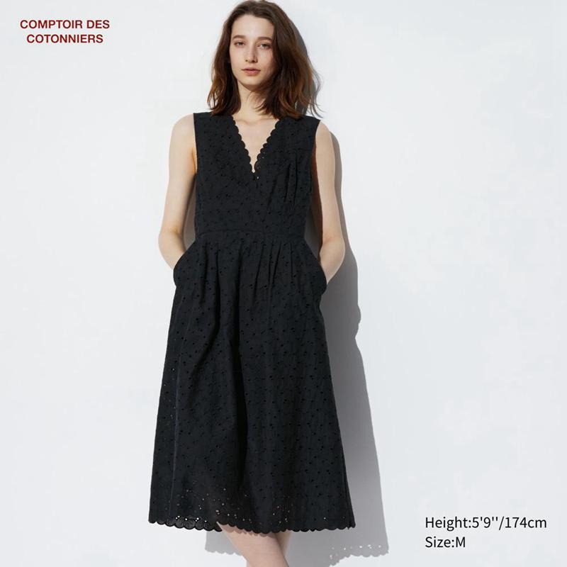 Uniqlo Cotton Embroidered Women Dress Black  US |  UIQS-73021