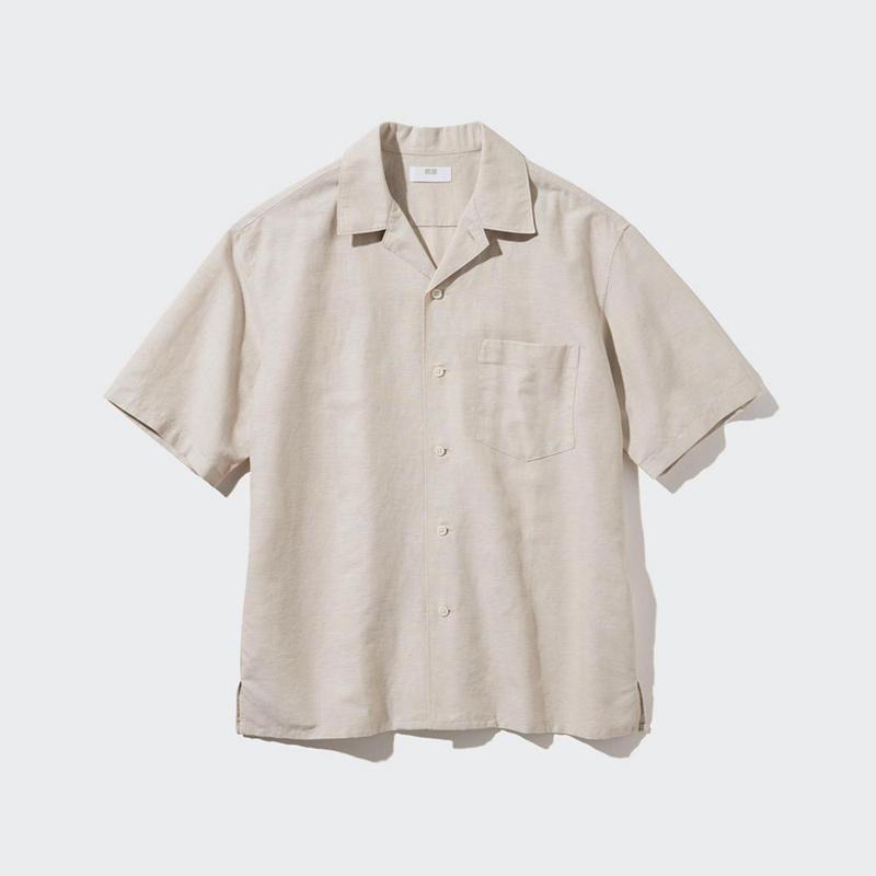 Uniqlo Cotton Linen Blend (Short Sleeve, Open Collar) Men Shirts Olive  US |  KOLI-80752