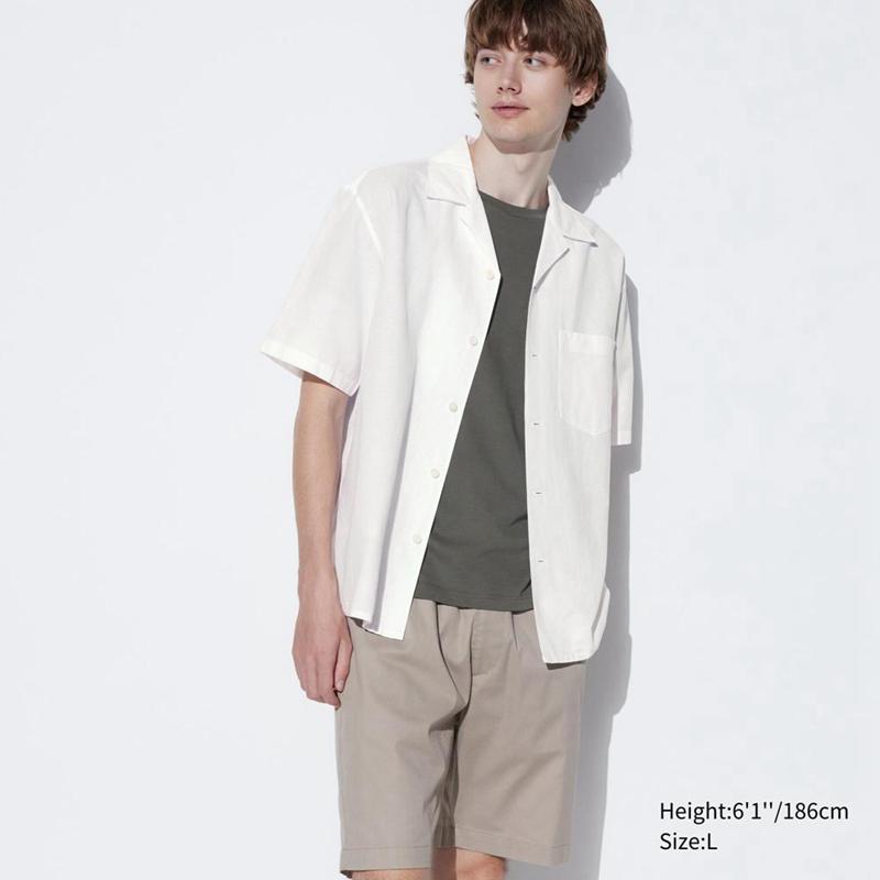 Uniqlo Cotton Linen Blend (Short Sleeve, Open Collar) Men Shirts White  US |  TKIH-06934