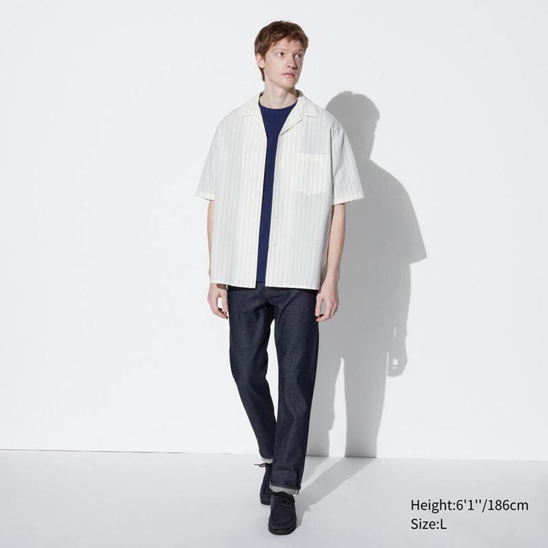 Uniqlo Cotton Linen Blend (Stripe, Short Sleeve, Open Collar) Men Shirts Off White  US |  RPLF-43728