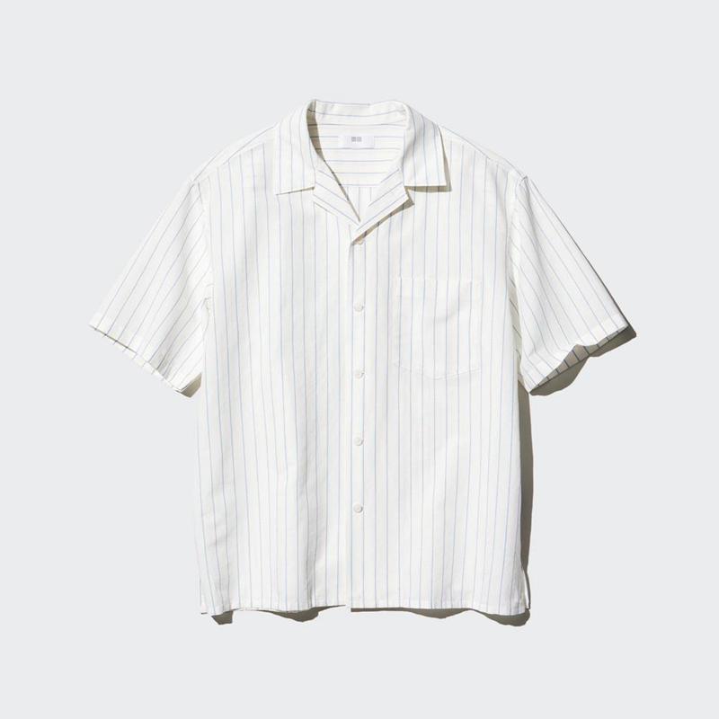 Uniqlo Cotton Linen Blend (Stripe, Short Sleeve, Open Collar) Men Shirts Off White  US |  RPLF-43728