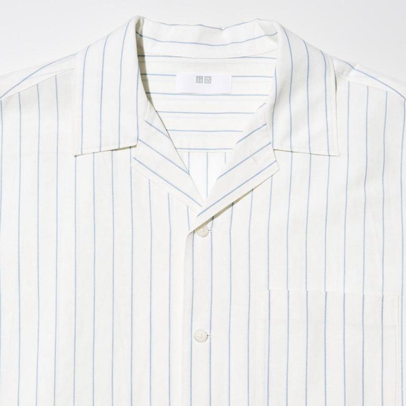 Uniqlo Cotton Linen Blend (Stripe, Short Sleeve, Open Collar) Men Shirts Off White  US |  RPLF-43728