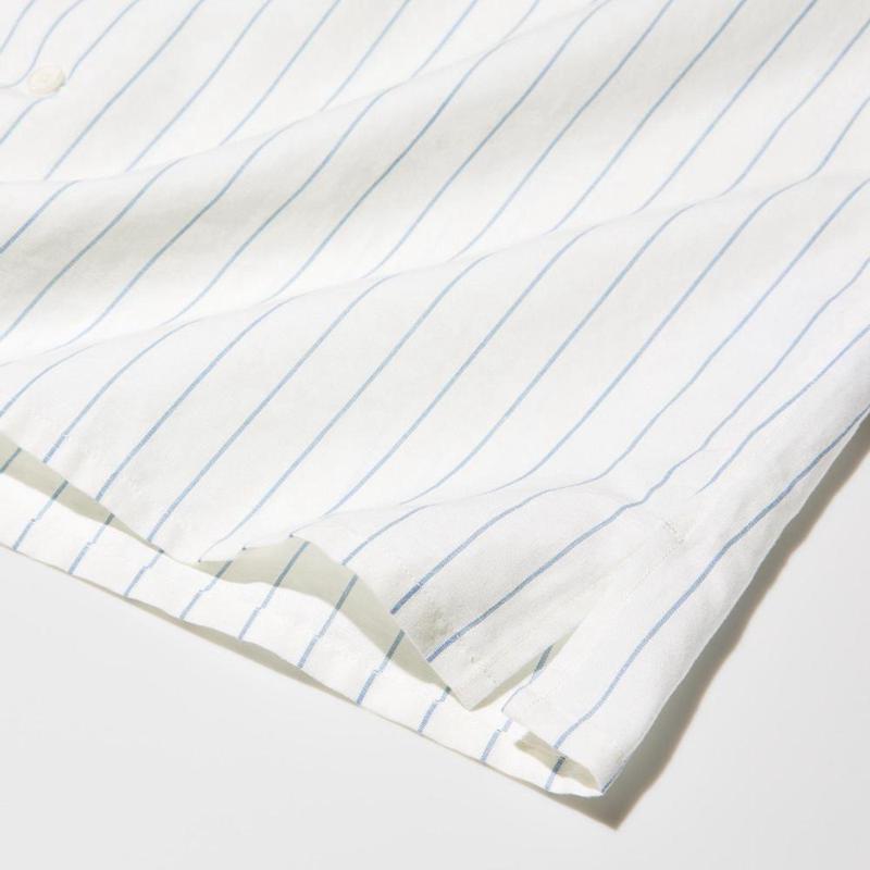 Uniqlo Cotton Linen Blend (Stripe, Short Sleeve, Open Collar) Men Shirts Off White  US |  RPLF-43728