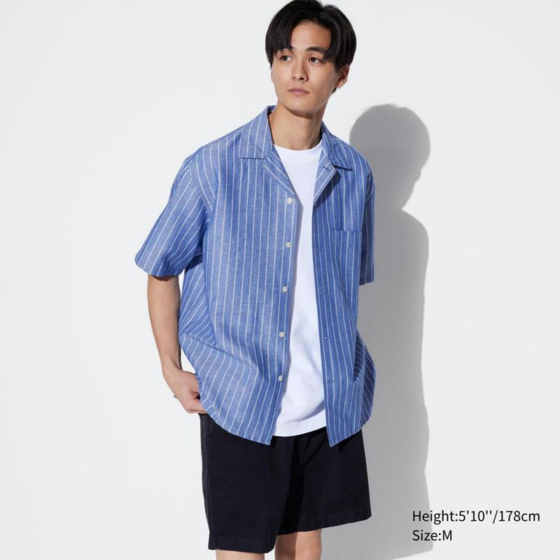 Uniqlo Cotton Linen Blend (Stripe, Short Sleeve, Open Collar) Men Shirts Blue  US |  OYJV-46397