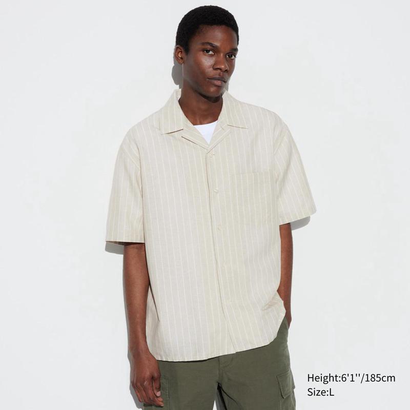 Uniqlo Cotton Linen Blend (Stripe, Short Sleeve, Open Collar) Men Shirts Beige  US |  AHLN-67419